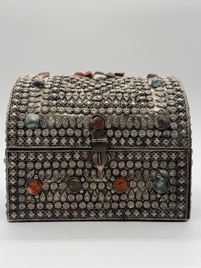 VTG 7" Moroccan Filigree Trunk Box Jeweled Agate India Sajai Trinket Casket